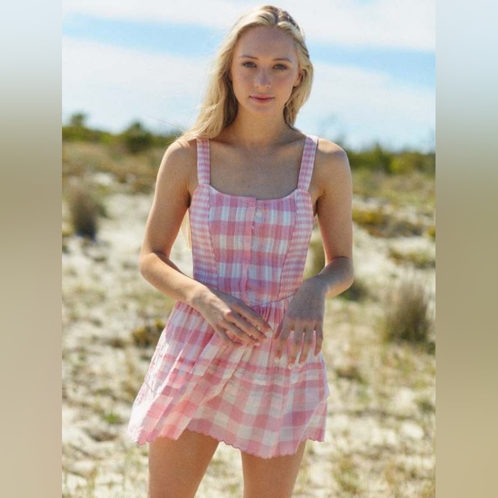 LoveShackFancy Chennedy Gingham Pleated Mini Dress In Pink Size 6